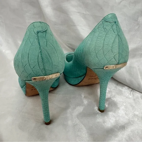 Dior Turquoise Python Embossed Leather Peep-Toe Pumps - Picture 7 of 12